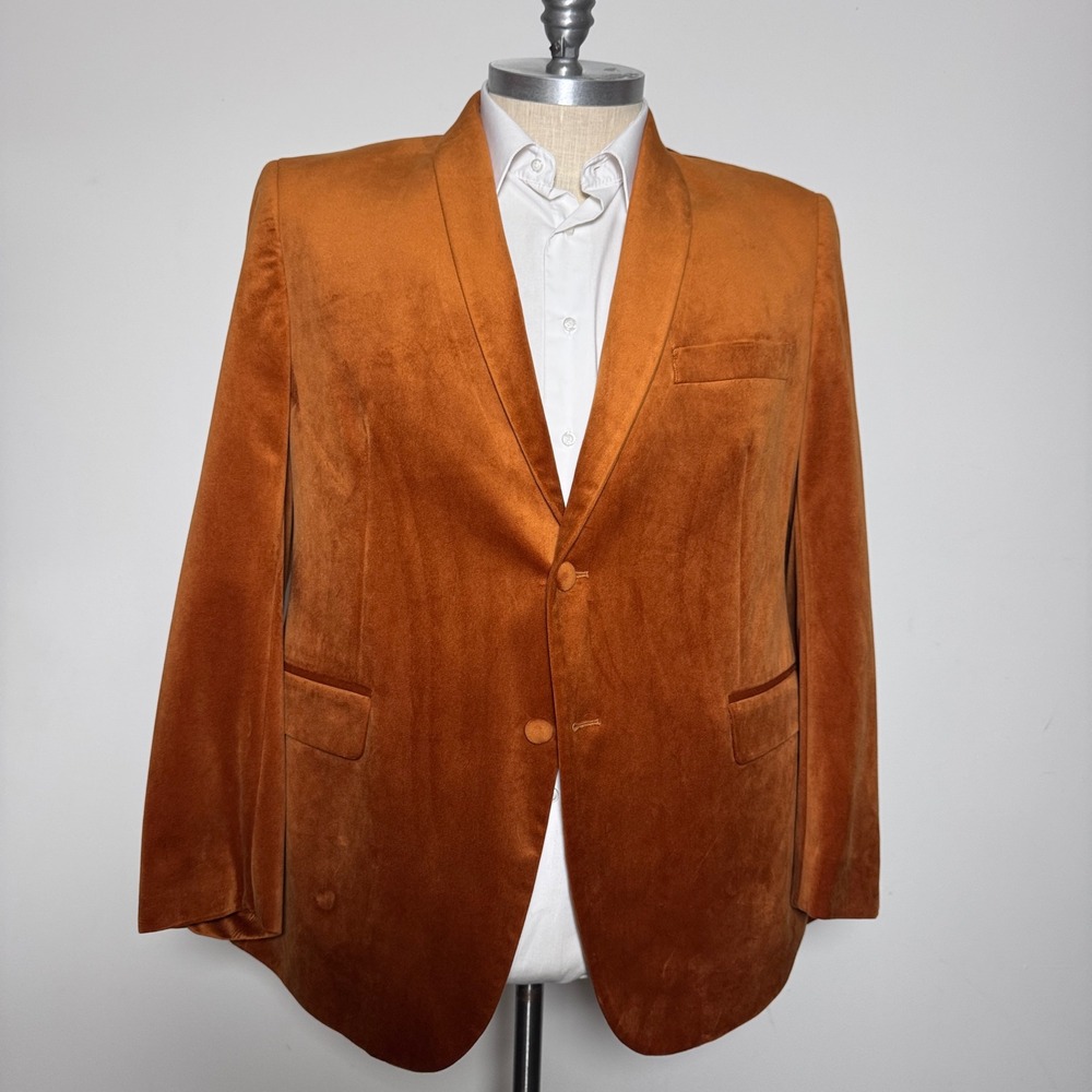 Linea Uomo Blazer Mens 48R Honey Orange Velvet Shawl Lapel Animal Print Lining